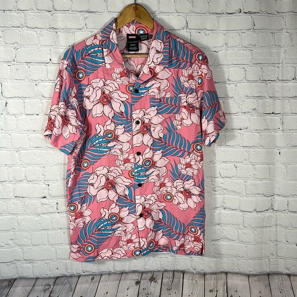 Marvel Pink Floral Hawaiian Captain America Shirt‎ size S Small Button Down